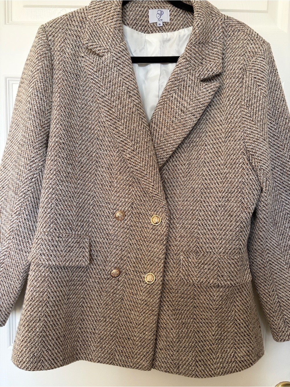 Woven Herringbone Double-Breasted Women's Coat - Neutral Beige